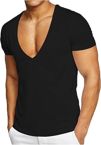 Deep V-Neck T-Shirts for Men Short Sleeve Tops Workout Tees Workout Tshirts Gym Athletic Undershirts Slim Fit Activewear in Kuwait