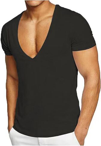 Deep V-Neck T-Shirts for Men Short Sleeve Tops Workout Tees Workout Tshirts Gym Athletic Undershirts Slim Fit Activewear in Kuwait