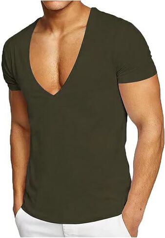 Deep V-Neck T-Shirts for Men Short Sleeve Tops Workout Tees Workout Tshirts Gym Athletic Undershirts Slim Fit Activewear in Kuwait
