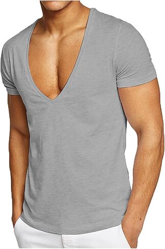 Deep V-Neck T-Shirts for Men Short Sleeve Tops Workout Tees Workout Tshirts Gym Athletic Undershirts Slim Fit Activewear in Kuwait