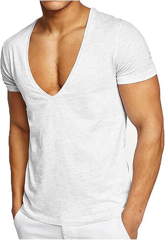 Deep V-Neck T-Shirts for Men Short Sleeve Tops Workout Tees Workout Tshirts Gym Athletic Undershirts Slim Fit Activewear in Kuwait
