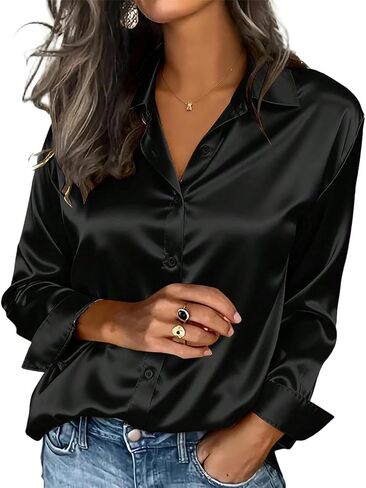Satin Blouses for Women Casual Silk Lapel Long Sleeve Button Down Shirts Fashion Business Office Silk Tee Tops in Kuwait