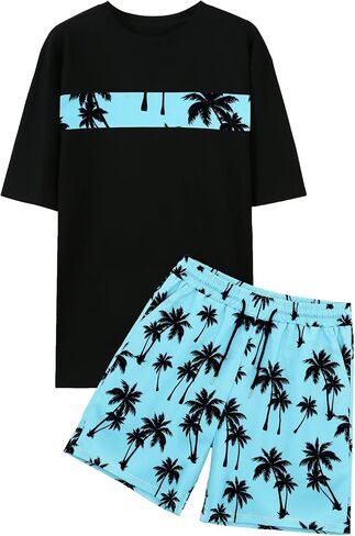 VahRuta Mens 2 Piece Summer Outfits Beach Vacation Outfit Hawaiian Coconut Printed Tee and shorts Set in Saudi Arabia
