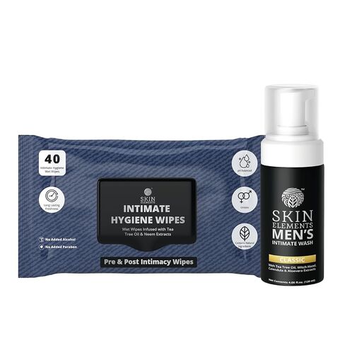Skin Elements Intimate Hygiene Combo| Intimate Wash Men 120 ml+Intimate Wipes 30 Individual Sachets With Tea Tree & Neem Extracts - pH Balanced Foaming Wash Prevents Irritation & Bad Odor in Saudi Arabia