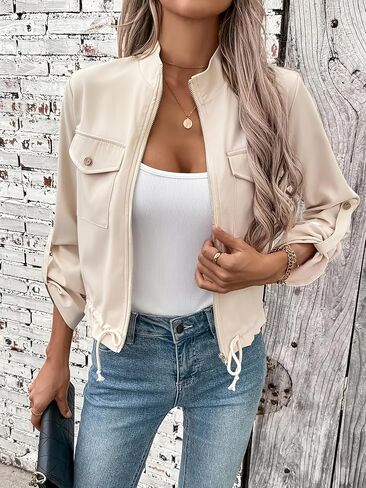 Women Zip-Up Utility Jacket Stand Collar Drawstring Waist Lightweight Long Sleeve Spring Fall Outerwear in Kuwait