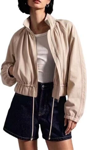 Womens Stripe Bomber Jacket Long Lantern Sleeve Lapel Drawstring Waist Zip Casual Ruffle Hem Shacket with Pocket in Saudi Arabia