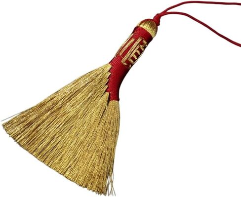 Gold Broom Lucky Charm Keychain, Chinese Fortune Auspicious Character Pendant with Tassel, Traditional Ornament Decorative Accessory in Saudi Arabia