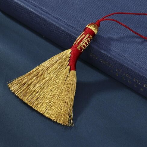 Gold Broom Lucky Charm Keychain, Chinese Fortune Auspicious Character Pendant with Tassel, Traditional Ornament Decorative Accessory in Saudi Arabia