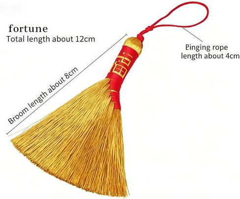 Gold Broom Lucky Charm Keychain, Chinese Fortune Auspicious Character Pendant with Tassel, Traditional Ornament Decorative Accessory in Saudi Arabia