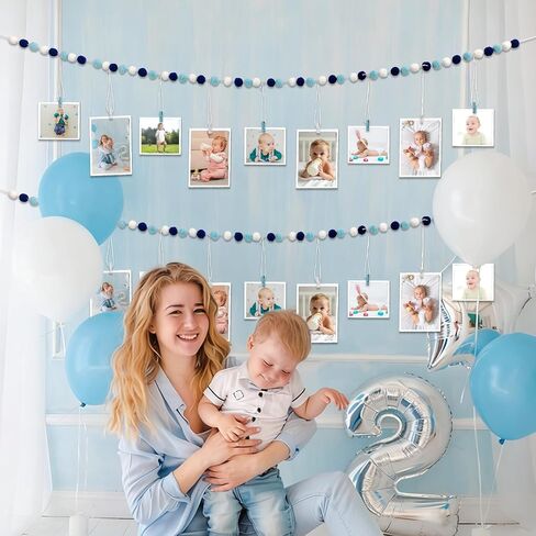2 Pack Baby Shower Hanging Photo Display with Clips 7.5ft Blue and Pink Felt Pom Pom Ball Garlands for Baby Shower Wedding Backdrop Christmas Fireplace Mantel Decor (Blue) in Kuwait