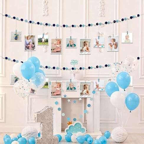 2 Pack Baby Shower Hanging Photo Display with Clips 7.5ft Blue and Pink Felt Pom Pom Ball Garlands for Baby Shower Wedding Backdrop Christmas Fireplace Mantel Decor (Blue) in Kuwait
