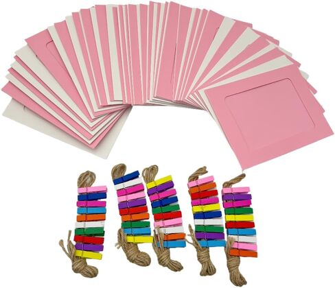 50 Pieces Hanging Picture Frames Kit with Clips and Strings,Paper Picture Frames Bulk,DIY Clip Photo Holders for Home Office Wall Decor Party Supplies (White+Pink, 4x6) in Saudi Arabia