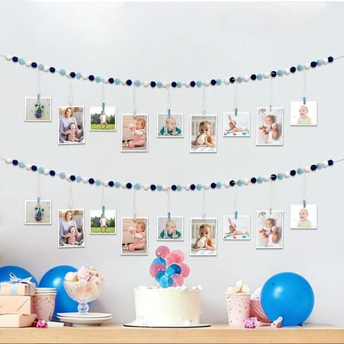 2 Pack Baby Shower Hanging Photo Display with Clips 7.5ft Blue and Pink Felt Pom Pom Ball Garlands for Baby Shower Wedding Backdrop Christmas Fireplace Mantel Decor (Blue) in Kuwait