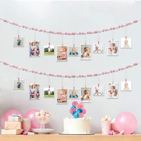 2 Pack Baby Shower Hanging Photo Display with Clips 7.5ft Blue and Pink Felt Pom Pom Ball Garlands for Baby Shower Wedding Backdrop Christmas Fireplace Mantel Decor (Blue) in Kuwait