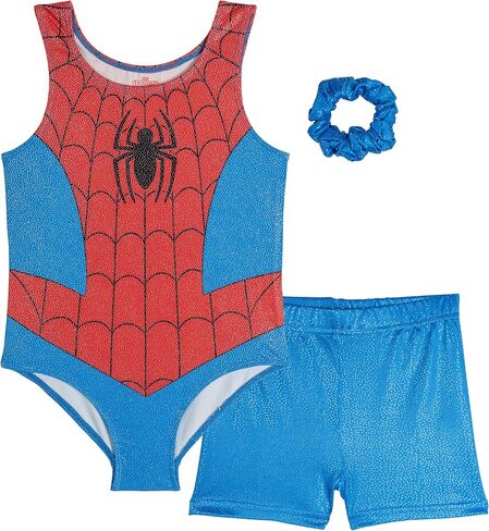 Marvel Spider-Man Girls Gymnastics Cosplay Leotard, Shorts & Scrunchie 3 Piece Set Toddler to Little Kid Sizes (2T - 7-8) in Kuwait
