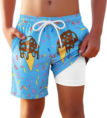Yooo's Vivi Boys Swim Trunks with Compression Liner Kids Quick Dry Beach Shorts Stretch Casual Bathing Suit with Boxer in Kuwait