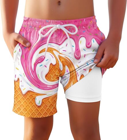 Yooo's Vivi Boys Swim Trunks with Compression Liner Kids Quick Dry Beach Shorts Stretch Casual Bathing Suit with Boxer in Kuwait