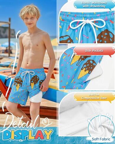 Yooo's Vivi Boys Swim Trunks with Compression Liner Kids Quick Dry Beach Shorts Stretch Casual Bathing Suit with Boxer in Kuwait