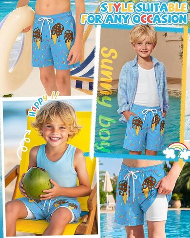 Yooo's Vivi Boys Swim Trunks with Compression Liner Kids Quick Dry Beach Shorts Stretch Casual Bathing Suit with Boxer in Kuwait