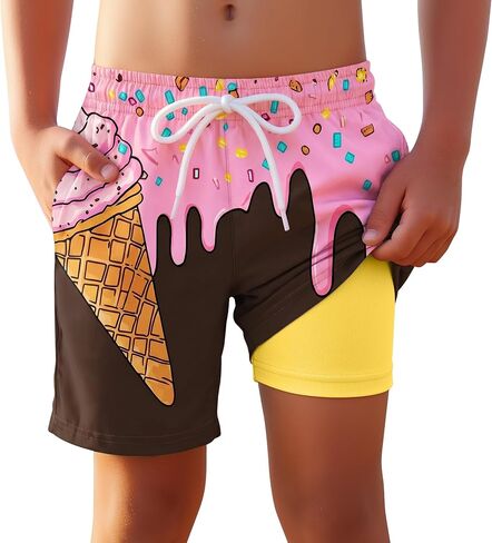 Yooo's Vivi Boys Swim Trunks with Compression Liner Kids Quick Dry Beach Shorts Stretch Casual Bathing Suit with Boxer in Kuwait
