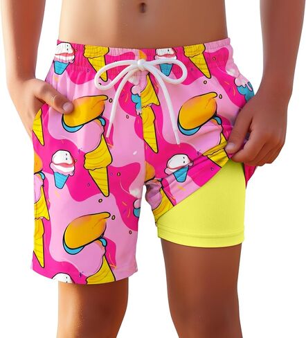 Yooo's Vivi Boys Swim Trunks with Compression Liner Kids Quick Dry Beach Shorts Stretch Casual Bathing Suit with Boxer in Kuwait