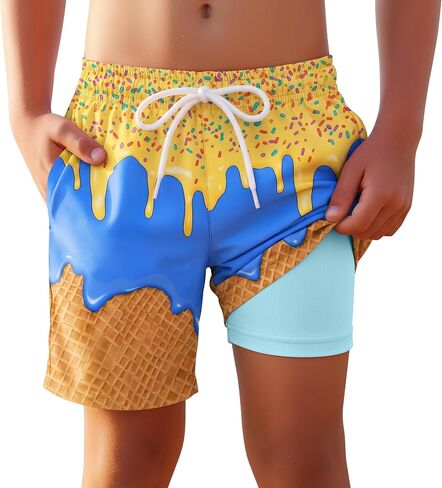 Yooo's Vivi Boys Swim Trunks with Compression Liner Kids Quick Dry Beach Shorts Stretch Casual Bathing Suit with Boxer in Kuwait