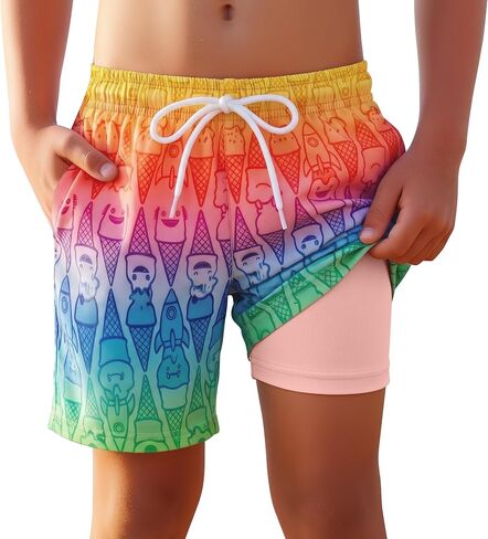 Yooo's Vivi Boys Swim Trunks with Compression Liner Kids Quick Dry Beach Shorts Stretch Casual Bathing Suit with Boxer in Kuwait