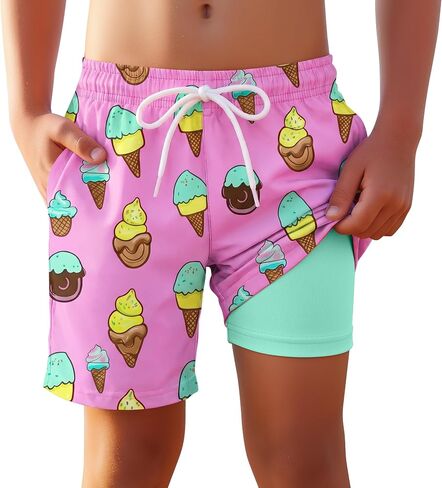 Yooo's Vivi Boys Swim Trunks with Compression Liner Kids Quick Dry Beach Shorts Stretch Casual Bathing Suit with Boxer in Kuwait
