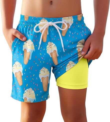 Yooo's Vivi Boys Swim Trunks with Compression Liner Kids Quick Dry Beach Shorts Stretch Casual Bathing Suit with Boxer in Kuwait