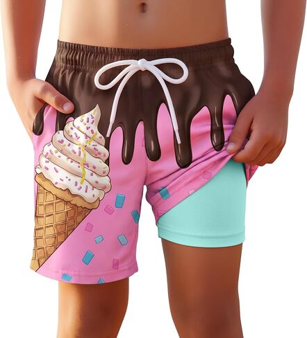 Yooo's Vivi Boys Swim Trunks with Compression Liner Kids Quick Dry Beach Shorts Stretch Casual Bathing Suit with Boxer in Kuwait