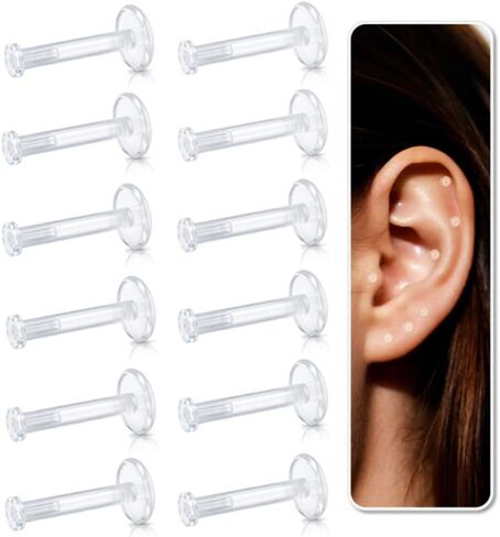 Clear Nose Stud for Work Women and Men Set - 12Pcs 18G 20G Bioflex Plastic L Shape Nose Rings Body Clear Piercing Retainer Flat Top Size 2mm for Sports Surgery Earring Lip Nose New Perforation in Kuwait