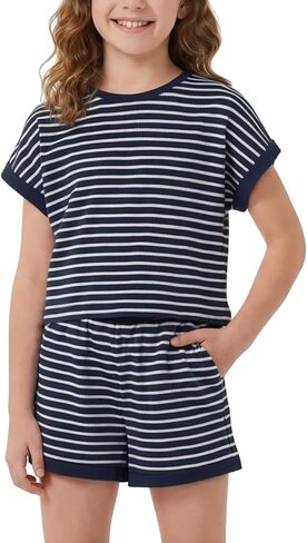 Girls Summer Outftis 2-Piece, 5-14 Years, Kids Striped T-Shirt and Shorts Set in Saudi Arabia