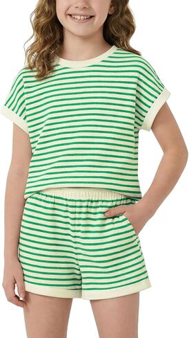 Girls Summer Outftis 2-Piece, 5-14 Years, Kids Striped T-Shirt and Shorts Set in Saudi Arabia