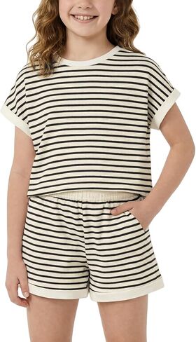 Girls Summer Outftis 2-Piece, 5-14 Years, Kids Striped T-Shirt and Shorts Set in Saudi Arabia