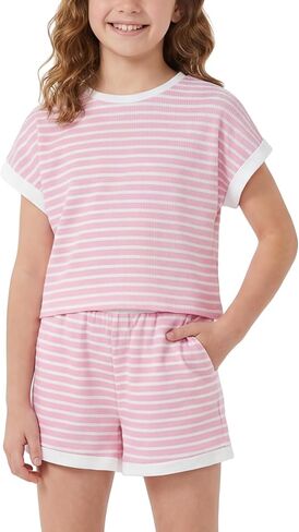 Girls Summer Outftis 2-Piece, 5-14 Years, Kids Striped T-Shirt and Shorts Set in Saudi Arabia