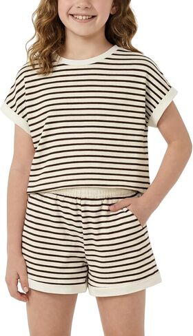 Girls Summer Outftis 2-Piece, 5-14 Years, Kids Striped T-Shirt and Shorts Set in Saudi Arabia