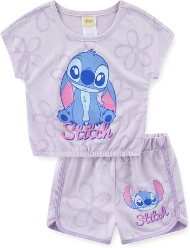 طقم تي شيرت للفتيات بأكمام قصيرة من Disney Lilo & Stitch وشورت French Terry للأطفال الكبار in Kuwait