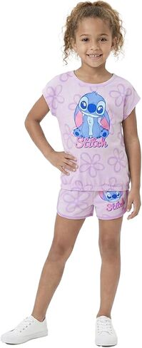 طقم تي شيرت للفتيات بأكمام قصيرة من Disney Lilo & Stitch وشورت French Terry للأطفال الكبار in Kuwait