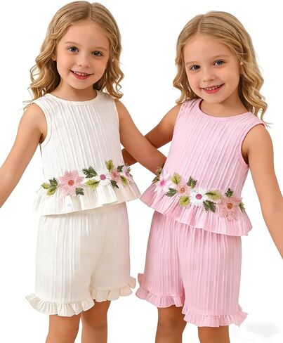طقم ملابس للفتيات مكون من قطعتين، بلوزة بدون أكمام مطرزة بالزهور مع شورت متناسق، مجموعة ملابس صيفية لطيفة للفتيات in Kuwait