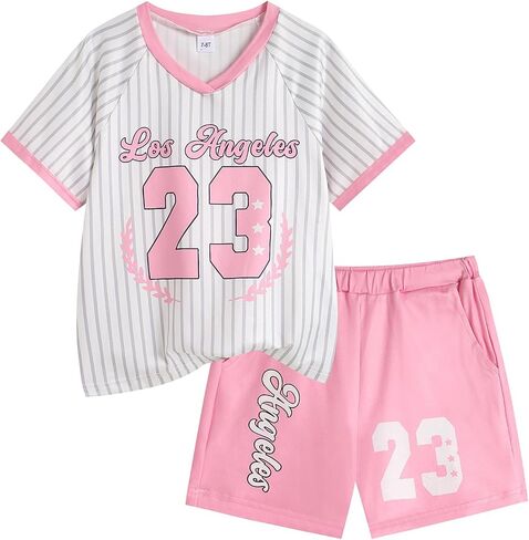 Girls 2 Piece Outfits V Neck Short Sleeve Graphic T-Shirt and Shorts Set Color Block Summer Clothes Size 6-12 in Kuwait