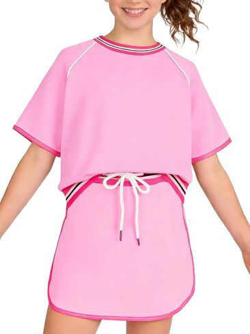 Ochine Girls 2 Piece Skorts Set Summer Clothes Athletic Tennis Golf Outfit with Shorts, Color Block T-Shirt & Skirt 5-14Y in Saudi Arabia