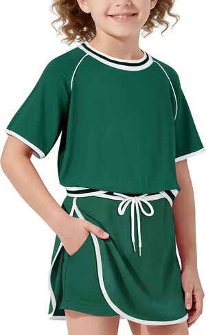 Ochine Girls 2 Piece Skorts Set Summer Clothes Athletic Tennis Golf Outfit with Shorts, Color Block T-Shirt & Skirt 5-14Y in Saudi Arabia