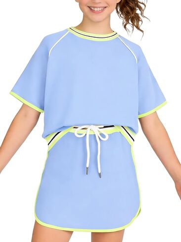 Ochine Girls 2 Piece Skorts Set Summer Clothes Athletic Tennis Golf Outfit with Shorts, Color Block T-Shirt & Skirt 5-14Y in Saudi Arabia