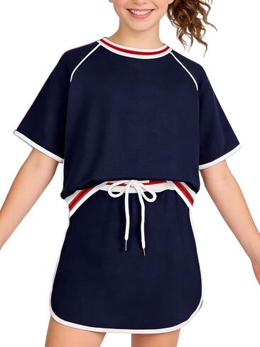 Ochine Girls 2 Piece Skorts Set Summer Clothes Athletic Tennis Golf Outfit with Shorts, Color Block T-Shirt & Skirt 5-14Y in Saudi Arabia