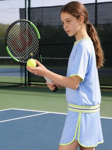 Ochine Girls 2 Piece Skorts Set Summer Clothes Athletic Tennis Golf Outfit with Shorts, Color Block T-Shirt & Skirt 5-14Y in Saudi Arabia