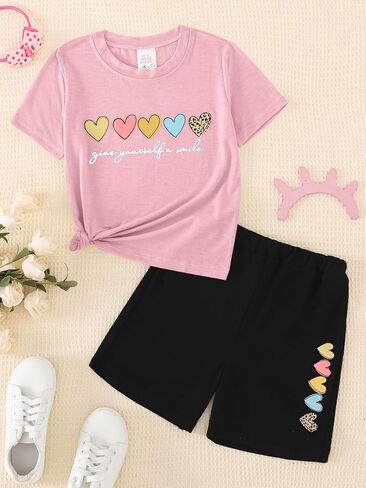طقم شورت T-Shrit للفتيات مكون من قطعتين ملابس صيفية كاجوال بأكمام قصيرة ومجموعة شورت للفتيات الصغيرات in Kuwait