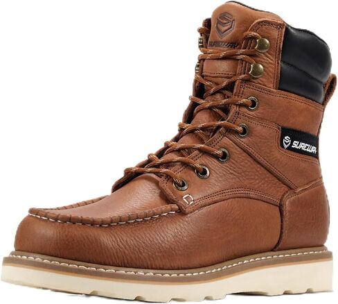 SUREWAY 8" Soft Toe Work Boots for Men – GoodyearWelt Full Grain Leather, Lace Up Moc Toe Work Shoes, EH Construction Oil/Slip Resistant, Durable Rubber Sole Boots for Warehouse, Factory, Daily Wear in Kuwait