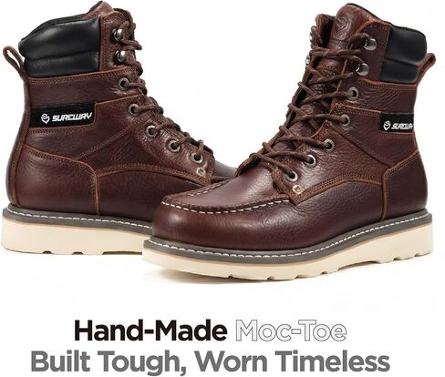 SUREWAY 8" Soft Toe Work Boots for Men – GoodyearWelt Full Grain Leather, Lace Up Moc Toe Work Shoes, EH Construction Oil/Slip Resistant, Durable Rubber Sole Boots for Warehouse, Factory, Daily Wear in Kuwait