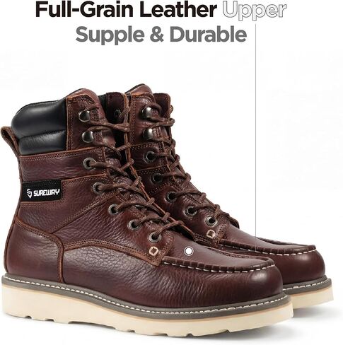 SUREWAY 8" Soft Toe Work Boots for Men – GoodyearWelt Full Grain Leather, Lace Up Moc Toe Work Shoes, EH Construction Oil/Slip Resistant, Durable Rubber Sole Boots for Warehouse, Factory, Daily Wear in Kuwait