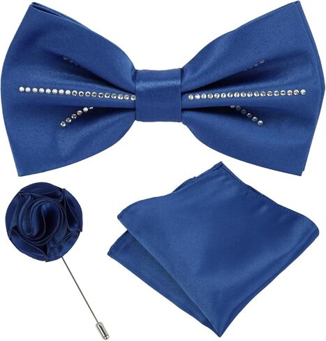 Mens Rhinestone Bow Tie Pocket Square Lapel Pin Set for Men Adjustable Pre-Tied Luxurious Sparkle Bowtie Party Wedding in Saudi Arabia
